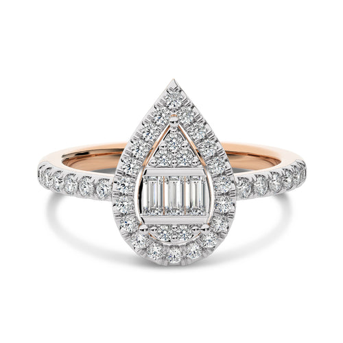 1/2 CT. Pear Shape Halo Design Round and Baguette Natural Diamond Ring