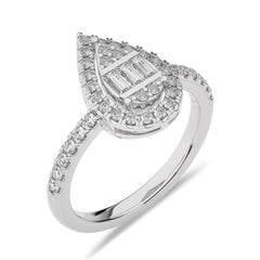 1/2 CT. Pear Shape Halo Design Round and Baguette Natural Diamond Ring