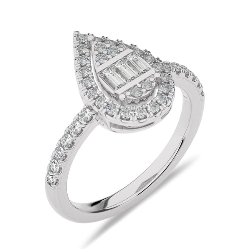 1/2 CT. Pear Shape Halo Design Round and Baguette Natural Diamond Ring