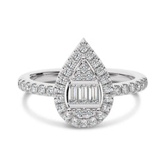 1/2 CT. Pear Shape Halo Design Round and Baguette Natural Diamond Ring
