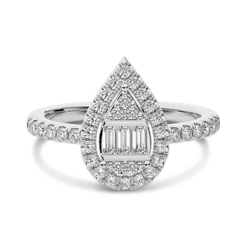 1/2 CT. Pear Shape Halo Design Round and Baguette Natural Diamond Ring