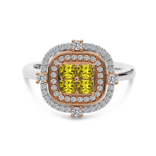 3/4 CT. Fancy Yellow Round and Radiant Cut Natural Diamond Ring