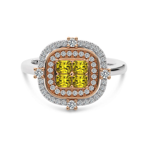 Fancy Yellow 3/4 CT. Round and Radiant Cut Natural Diamond Ring