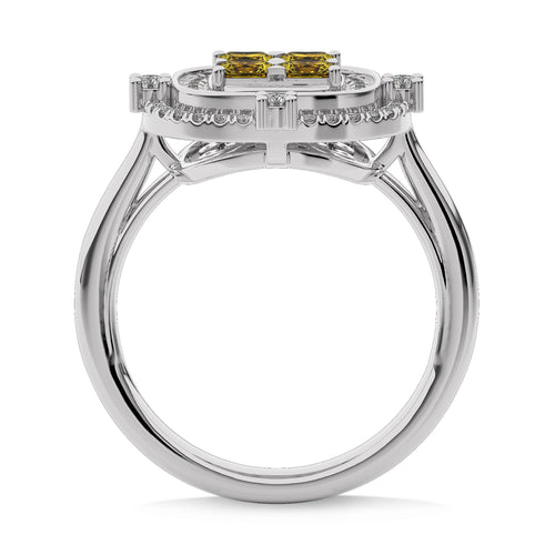 Fancy Yellow 3/4 CT. Round and Radiant Cut Natural Diamond Ring