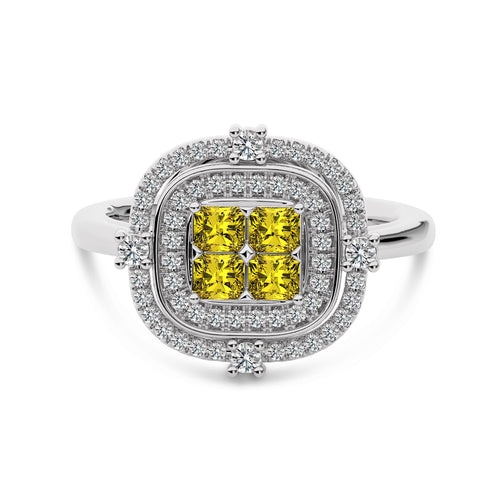 Fancy Yellow 3/4 CT. Round and Radiant Cut Natural Diamond Ring