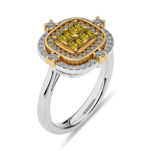 Fancy Yellow 3/4 CT. Round and Radiant Cut Natural Diamond Ring