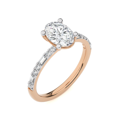 Starlight Oval Radiance Baguette and Round Diamond Studded Shank Engagement Ring