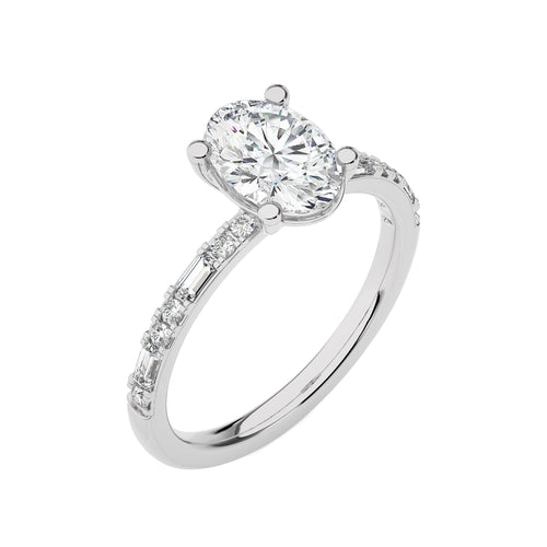 Starlight Oval Radiance Baguette and Round Diamond Studded Shank Engagement Ring