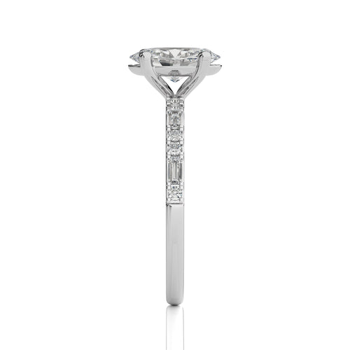 Starlight Oval Radiance Baguette and Round Diamond Studded Shank Engagement Ring