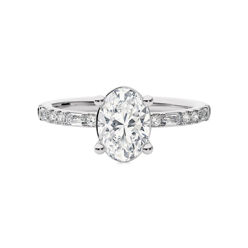 Starlight Oval Radiance Baguette and Round Diamond Studded Shank Engagement Ring