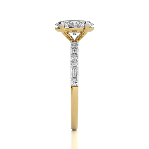Starlight Oval Radiance Baguette and Round Diamond Studded Shank Engagement Ring