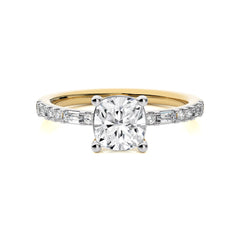 Starlight Cushion Radiance Baguette and Round Diamond Studded Shank Engagement Ring