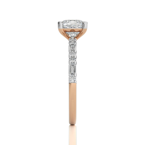 Starlight Cushion Radiance Baguette and Round Diamond Studded Shank Engagement Ring