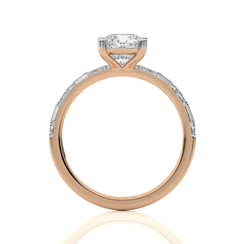 Starlight Cushion Radiance Baguette and Round Diamond Studded Shank Engagement Ring