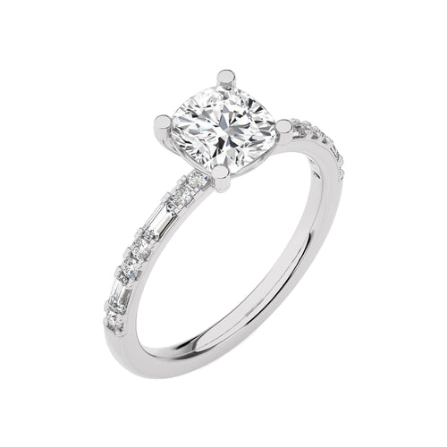 Starlight Cushion Radiance Baguette and Round Diamond Studded Shank Engagement Ring