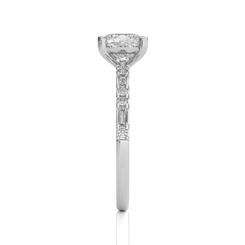 Starlight Cushion Radiance Baguette and Round Diamond Studded Shank Engagement Ring