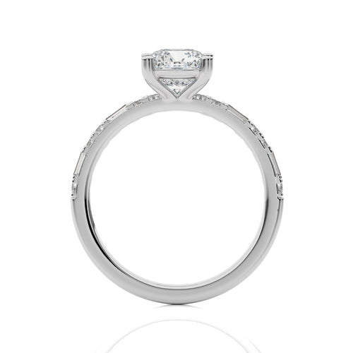 Starlight Cushion Radiance Baguette and Round Diamond Studded Shank Engagement Ring