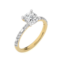 Starlight Cushion Radiance Baguette and Round Diamond Studded Shank Engagement Ring