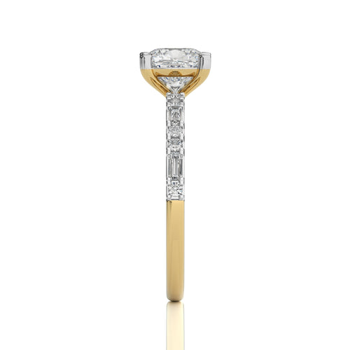 Starlight Cushion Radiance Baguette and Round Diamond Studded Shank Engagement Ring