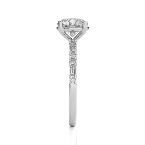 Starlight Round Radiance Baguette and Round Diamond Studded Shank Engagement Ring