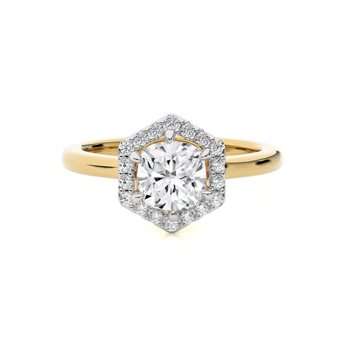 Hexagon Cushion and Round Halo Diamond Engagement Ring