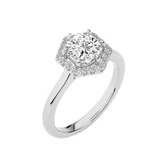 Hexagon Cushion and Round Halo Diamond Engagement Ring