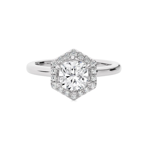 Hexagon Cushion and Round Halo Diamond Engagement Ring