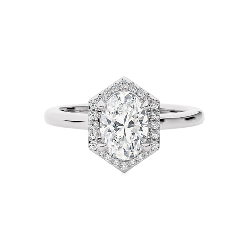 Hexagon Oval and Round Halo Diamond Engagement Ring