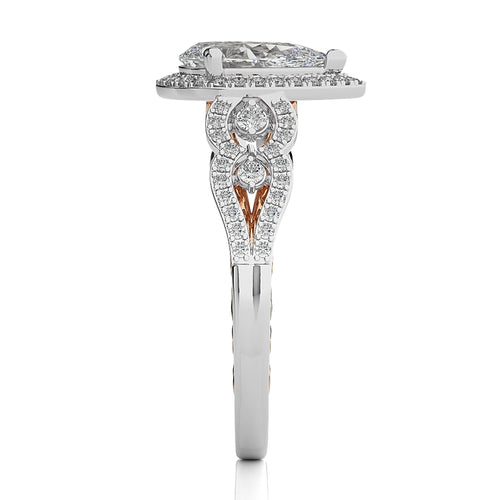 Constellation Swirl Double Split Shank Diamond Bazel and Halo Engagement Ring
