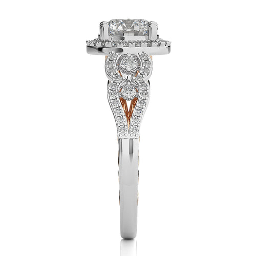 Constellation Swirl Double Split Shank Diamond Bazel and Halo Engagement Ring