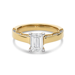 Vintage Emerald Cut Solitaire Ring with Studded Edge Lab Created Diamond Engagement Ring
