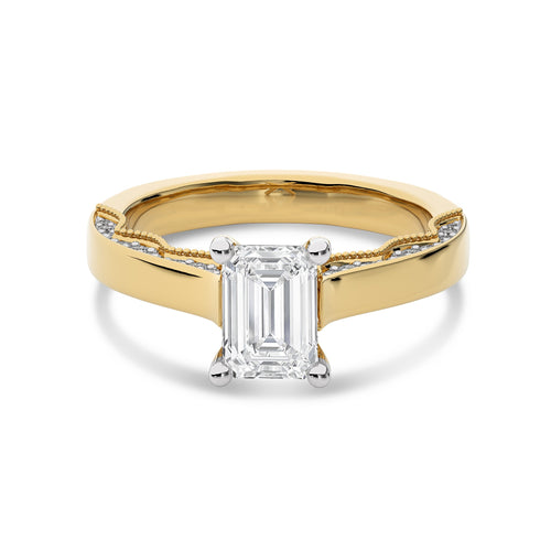 Vintage Emerald Cut Solitaire Ring with Studded Edge Lab Created Diamond Engagement Ring