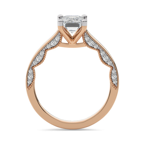 Vintage Emerald Cut Solitaire Ring with Studded Edge Lab Created Diamond Engagement Ring