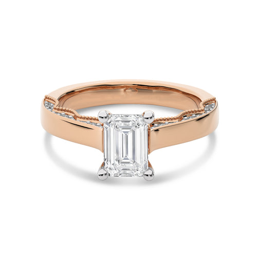 Vintage Emerald Cut Solitaire Ring with Studded Edge Lab Created Diamond Engagement Ring