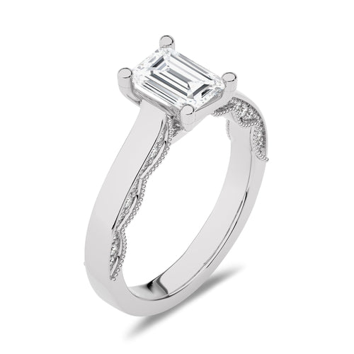 Vintage Emerald Cut Solitaire Ring with Studded Edge Lab Created Diamond Engagement Ring