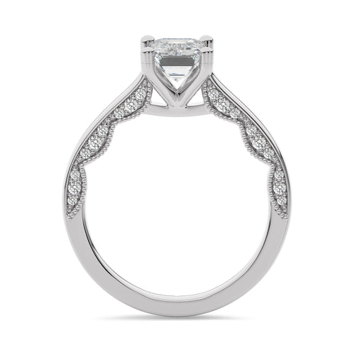 Vintage Emerald Cut Solitaire Ring with Studded Edge Lab Created Diamond Engagement Ring