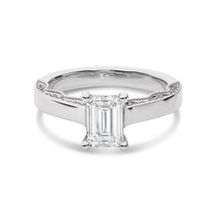 Vintage Emerald Cut Solitaire Ring with Studded Edge Lab Created Diamond Engagement Ring
