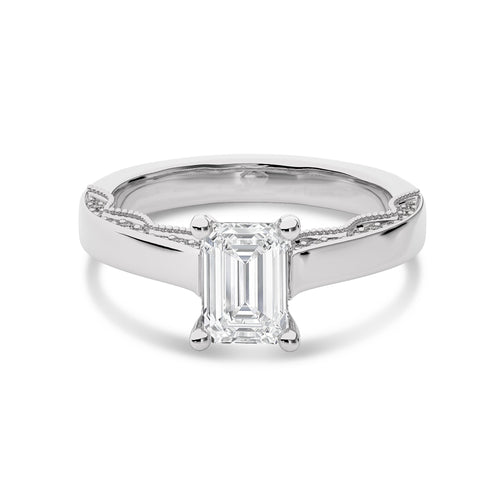 Vintage Emerald Cut Solitaire Ring with Studded Edge Lab Created Diamond Engagement Ring
