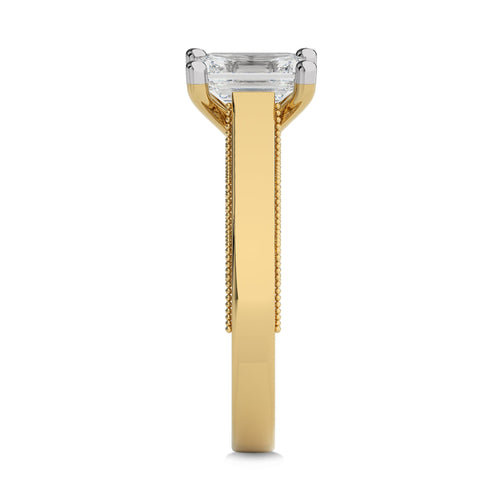 Vintage Emerald Cut Solitaire Ring with Studded Edge Lab Created Diamond Engagement Ring