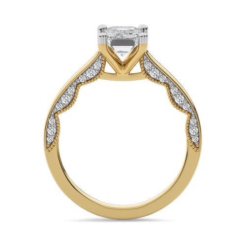 Vintage Emerald Cut Solitaire Ring with Studded Edge Lab Created Diamond Engagement Ring