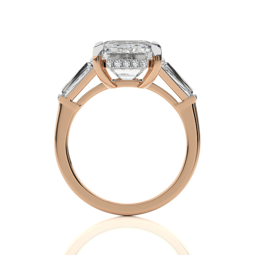 6 CT. Emerald Cut and Tapper Three Stone with Hidden Round Lab Created Diamond Engagement ring