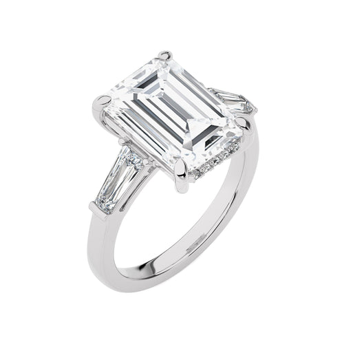 6 CT. Emerald Cut, Tapper Baguette and Round Three Stone with Hidden Round Lab Created Diamond Engagement ring