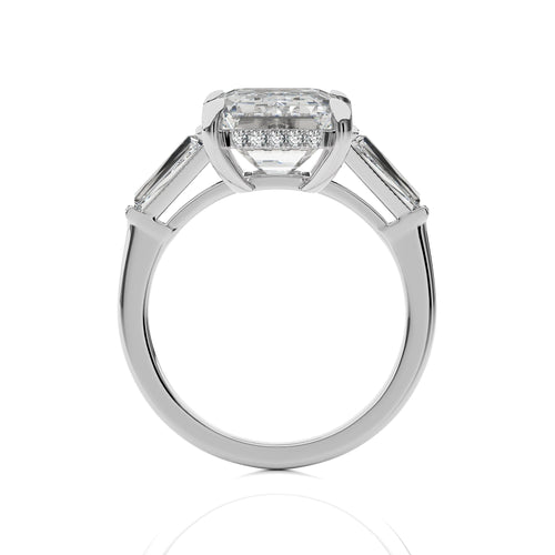 6 CT. Emerald Cut and Tapper Three Stone with Hidden Round Lab Created Diamond Engagement ring