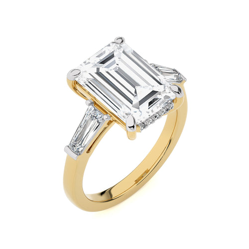 6 CT. Emerald Cut, Tapper Baguette and Round Three Stone with Hidden Round Lab Created Diamond Engagement ring