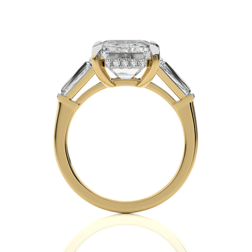 6 CT. Emerald Cut, Tapper Baguette and Round Three Stone with Hidden Round Lab Created Diamond Engagement ring