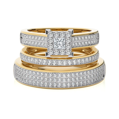 1 CT. His and Her Princess Shape and Round Natural Diamond Wedding Trio band Ring Set