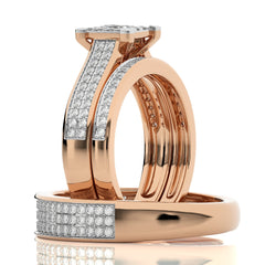 1 CT. His and Her Princess Shape and Round Natural Diamond Wedding Trio band Ring Set