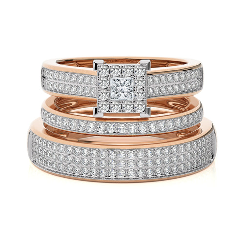 1 CT. His and Her Princess Shape and Round Natural Diamond Wedding Trio band Ring Set