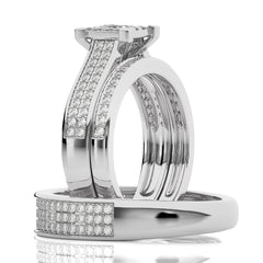 1 CT. His and Her Princess Shape and Round Natural Diamond Wedding Trio band Ring Set