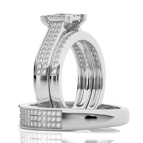 1 CT. His and Her Princess Shape and Round Natural Diamond Wedding Trio band Ring Set